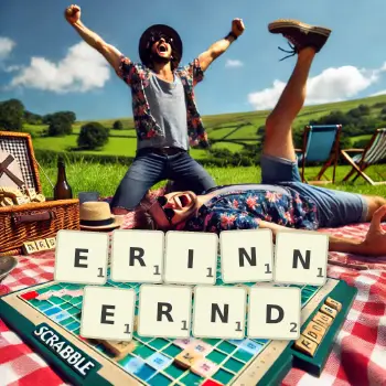Kreative Illustration für ein Scrabble-Spiel, bei dem das Wort ERINNERND mit Steinen auf dem Brett gelegt wurde.