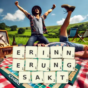 Kreative Illustration für ein Scrabble-Spiel, bei dem das Wort ERINNERUNGSAKT mit Steinen auf dem Brett gelegt wurde.