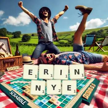 Kreative Illustration für ein Scrabble-Spiel, bei dem das Wort ERINNYE mit Steinen auf dem Brett gelegt wurde.