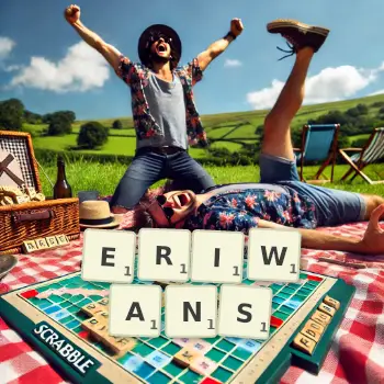 Kreative Illustration für ein Scrabble-Spiel, bei dem das Wort ERIWANS mit Steinen auf dem Brett gelegt wurde.