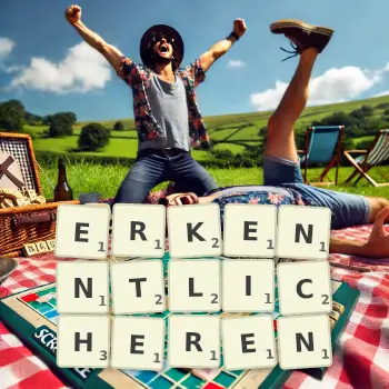 Kreative Illustration für ein Scrabble-Spiel, bei dem das Wort ERKENNTLICHEREN mit Steinen auf dem Brett gelegt wurde.