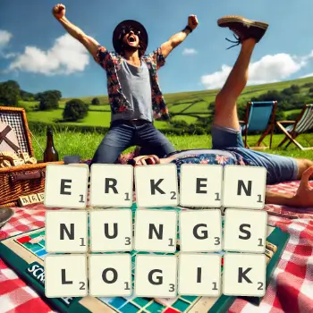 Kreative Illustration für ein Scrabble-Spiel, bei dem das Wort ERKENNUNGSLOGIK mit Steinen auf dem Brett gelegt wurde.