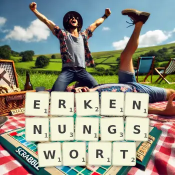 Kreative Illustration für ein Scrabble-Spiel, bei dem das Wort ERKENNUNGSWORT mit Steinen auf dem Brett gelegt wurde.