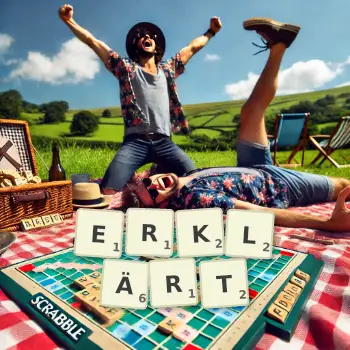 Kreative Illustration für ein Scrabble-Spiel, bei dem das Wort ERKLÄRT mit Steinen auf dem Brett gelegt wurde.