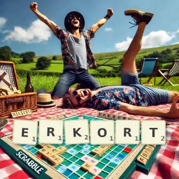 Kreative Illustration für ein Scrabble-Spiel, bei dem das Wort ERKORT mit Steinen auf dem Brett gelegt wurde.