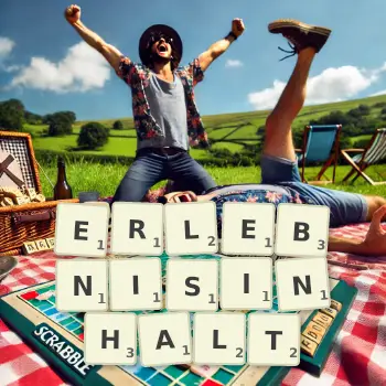 Kreative Illustration für ein Scrabble-Spiel, bei dem das Wort ERLEBNISINHALT mit Steinen auf dem Brett gelegt wurde.