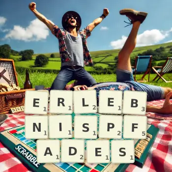 Kreative Illustration für ein Scrabble-Spiel, bei dem das Wort ERLEBNISPFADES mit Steinen auf dem Brett gelegt wurde.