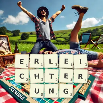 Kreative Illustration für ein Scrabble-Spiel, bei dem das Wort ERLEICHTERUNG mit Steinen auf dem Brett gelegt wurde.