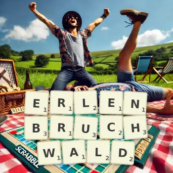Kreative Illustration für ein Scrabble-Spiel, bei dem das Wort ERLENBRUCHWALD mit Steinen auf dem Brett gelegt wurde.