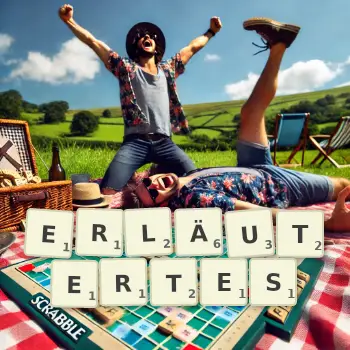 Kreative Illustration für ein Scrabble-Spiel, bei dem das Wort ERLÄUTERTES mit Steinen auf dem Brett gelegt wurde.