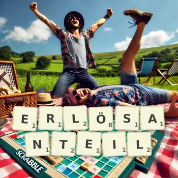 Kreative Illustration für ein Scrabble-Spiel, bei dem das Wort ERLÖSANTEIL mit Steinen auf dem Brett gelegt wurde.