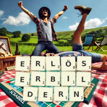 Kreative Illustration für ein Scrabble-Spiel, bei dem das Wort ERLÖSERBILDERN mit Steinen auf dem Brett gelegt wurde.