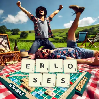 Kreative Illustration für ein Scrabble-Spiel, bei dem das Wort ERLÖSES mit Steinen auf dem Brett gelegt wurde.