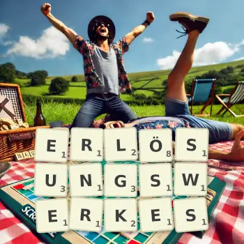 Kreative Illustration für ein Scrabble-Spiel, bei dem das Wort ERLÖSUNGSWERKES mit Steinen auf dem Brett gelegt wurde.