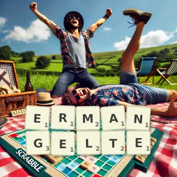 Kreative Illustration für ein Scrabble-Spiel, bei dem das Wort ERMANGELTE mit Steinen auf dem Brett gelegt wurde.