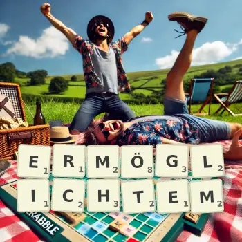 Kreative Illustration für ein Scrabble-Spiel, bei dem das Wort ERMÖGLICHTEM mit Steinen auf dem Brett gelegt wurde.