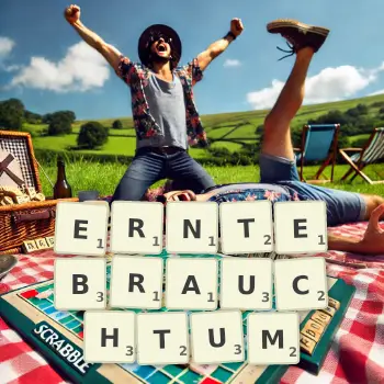 Kreative Illustration für ein Scrabble-Spiel, bei dem das Wort ERNTEBRAUCHTUM mit Steinen auf dem Brett gelegt wurde.