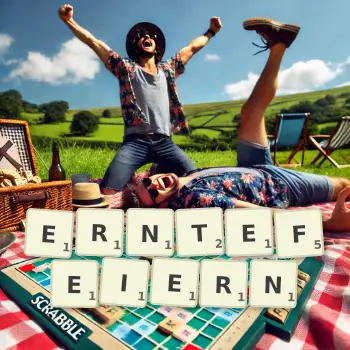 Kreative Illustration für ein Scrabble-Spiel, bei dem das Wort ERNTEFEIERN mit Steinen auf dem Brett gelegt wurde.