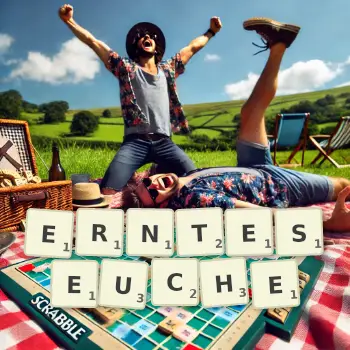 Kreative Illustration für ein Scrabble-Spiel, bei dem das Wort ERNTESEUCHE mit Steinen auf dem Brett gelegt wurde.