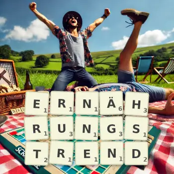 Kreative Illustration für ein Scrabble-Spiel, bei dem das Wort ERNÄHRUNGSTREND mit Steinen auf dem Brett gelegt wurde.