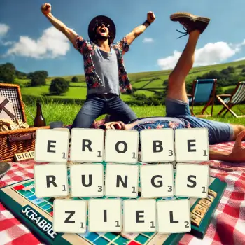 Kreative Illustration für ein Scrabble-Spiel, bei dem das Wort EROBERUNGSZIEL mit Steinen auf dem Brett gelegt wurde.