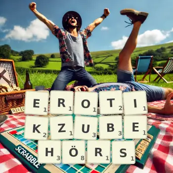 Kreative Illustration für ein Scrabble-Spiel, bei dem das Wort EROTIKZUBEHÖRS mit Steinen auf dem Brett gelegt wurde.