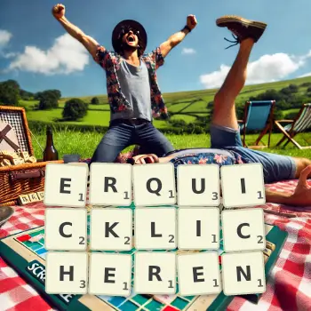 Kreative Illustration für ein Scrabble-Spiel, bei dem das Wort ERQUICKLICHEREN mit Steinen auf dem Brett gelegt wurde.