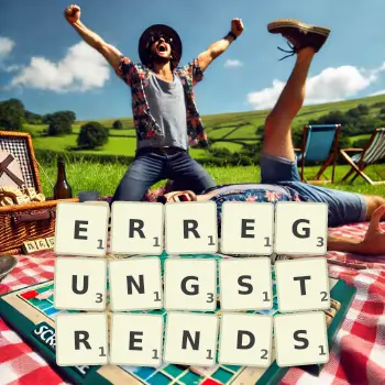 Kreative Illustration für ein Scrabble-Spiel, bei dem das Wort ERREGUNGSTRENDS mit Steinen auf dem Brett gelegt wurde.