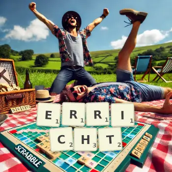 Kreative Illustration für ein Scrabble-Spiel, bei dem das Wort ERRICHT mit Steinen auf dem Brett gelegt wurde.