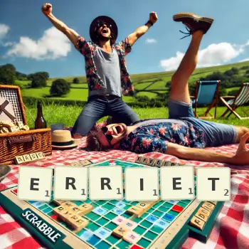 Kreative Illustration für ein Scrabble-Spiel, bei dem das Wort ERRIET mit Steinen auf dem Brett gelegt wurde.