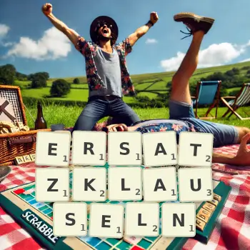 Kreative Illustration für ein Scrabble-Spiel, bei dem das Wort ERSATZKLAUSELN mit Steinen auf dem Brett gelegt wurde.
