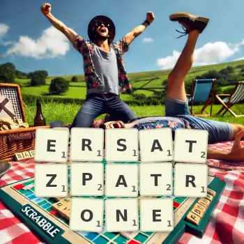 Kreative Illustration für ein Scrabble-Spiel, bei dem das Wort ERSATZPATRONE mit Steinen auf dem Brett gelegt wurde.