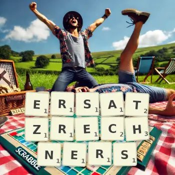 Kreative Illustration für ein Scrabble-Spiel, bei dem das Wort ERSATZRECHNERS mit Steinen auf dem Brett gelegt wurde.