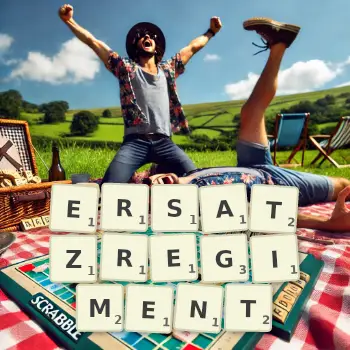 Kreative Illustration für ein Scrabble-Spiel, bei dem das Wort ERSATZREGIMENT mit Steinen auf dem Brett gelegt wurde.