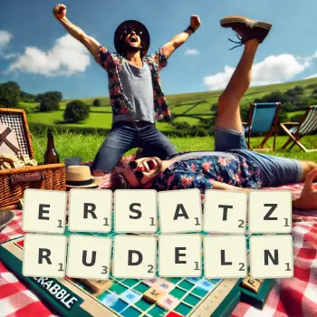 Kreative Illustration für ein Scrabble-Spiel, bei dem das Wort ERSATZRUDELN mit Steinen auf dem Brett gelegt wurde.