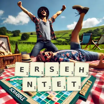 Kreative Illustration für ein Scrabble-Spiel, bei dem das Wort ERSEHNTET mit Steinen auf dem Brett gelegt wurde.