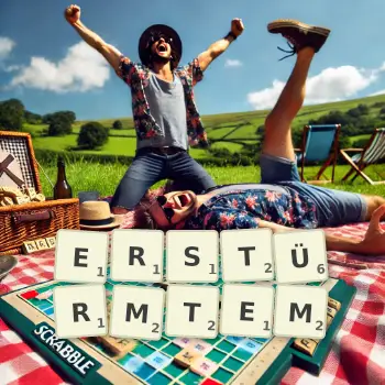 Kreative Illustration für ein Scrabble-Spiel, bei dem das Wort ERSTÜRMTEM mit Steinen auf dem Brett gelegt wurde.