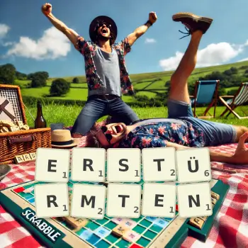 Kreative Illustration für ein Scrabble-Spiel, bei dem das Wort ERSTÜRMTEN mit Steinen auf dem Brett gelegt wurde.