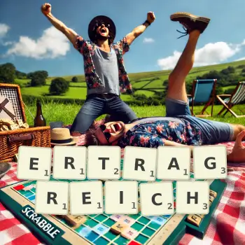 Kreative Illustration für ein Scrabble-Spiel, bei dem das Wort ERTRAGREICH mit Steinen auf dem Brett gelegt wurde.