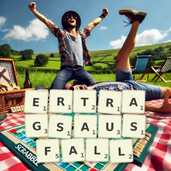 Kreative Illustration für ein Scrabble-Spiel, bei dem das Wort ERTRAGSAUSFALL mit Steinen auf dem Brett gelegt wurde.