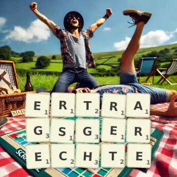 Kreative Illustration für ein Scrabble-Spiel, bei dem das Wort ERTRAGSGERECHTE mit Steinen auf dem Brett gelegt wurde.