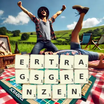 Kreative Illustration für ein Scrabble-Spiel, bei dem das Wort ERTRAGSGRENZEN mit Steinen auf dem Brett gelegt wurde.