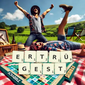 Kreative Illustration für ein Scrabble-Spiel, bei dem das Wort ERTRÜGEST mit Steinen auf dem Brett gelegt wurde.