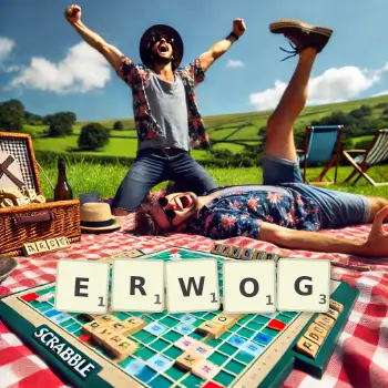 Kreative Illustration für ein Scrabble-Spiel, bei dem das Wort ERWOG mit Steinen auf dem Brett gelegt wurde.