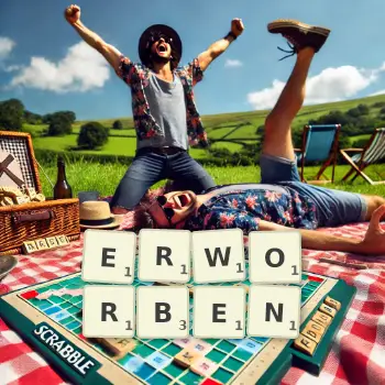 Kreative Illustration für ein Scrabble-Spiel, bei dem das Wort ERWORBEN mit Steinen auf dem Brett gelegt wurde.