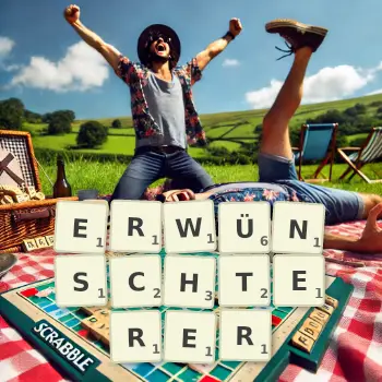 Kreative Illustration für ein Scrabble-Spiel, bei dem das Wort ERWÜNSCHTERER mit Steinen auf dem Brett gelegt wurde.