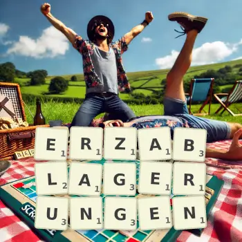 Kreative Illustration für ein Scrabble-Spiel, bei dem das Wort ERZABLAGERUNGEN mit Steinen auf dem Brett gelegt wurde.