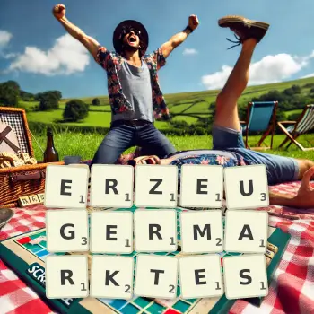 Kreative Illustration für ein Scrabble-Spiel, bei dem das Wort ERZEUGERMARKTES mit Steinen auf dem Brett gelegt wurde.