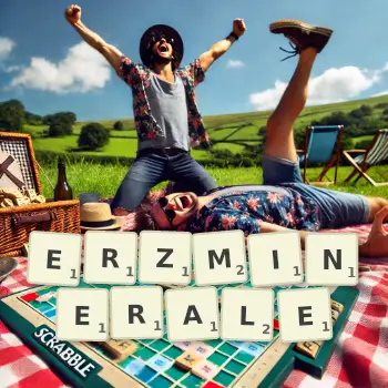 Kreative Illustration für ein Scrabble-Spiel, bei dem das Wort ERZMINERALE mit Steinen auf dem Brett gelegt wurde.