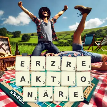 Kreative Illustration für ein Scrabble-Spiel, bei dem das Wort ERZREAKTIONÄRE mit Steinen auf dem Brett gelegt wurde.